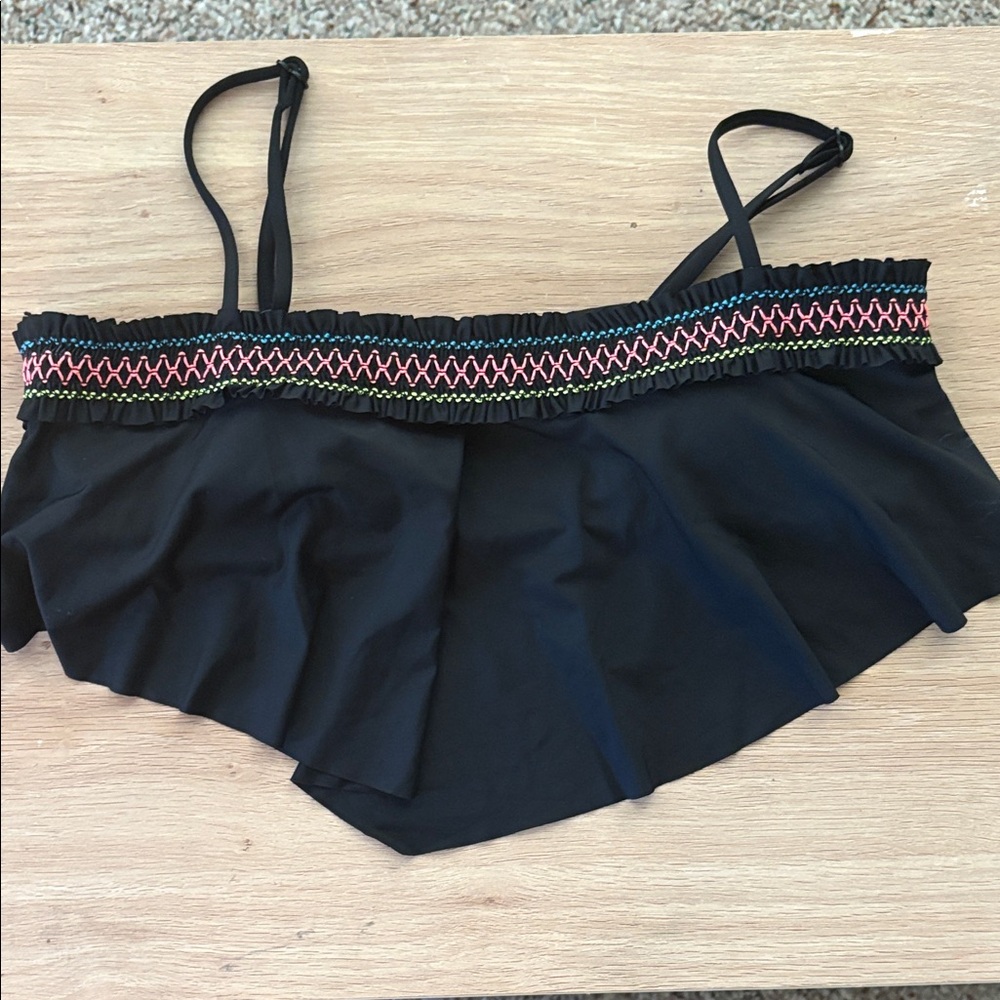 Justice Black Girls Swim Bikini Top with Multicolor Embroidered Trim